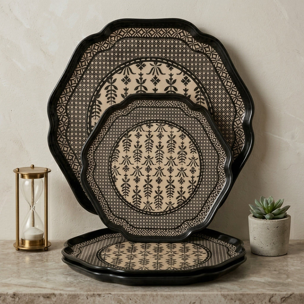 Onyx & Cream Intricate Botanical Scalloped Plates - Set of 4