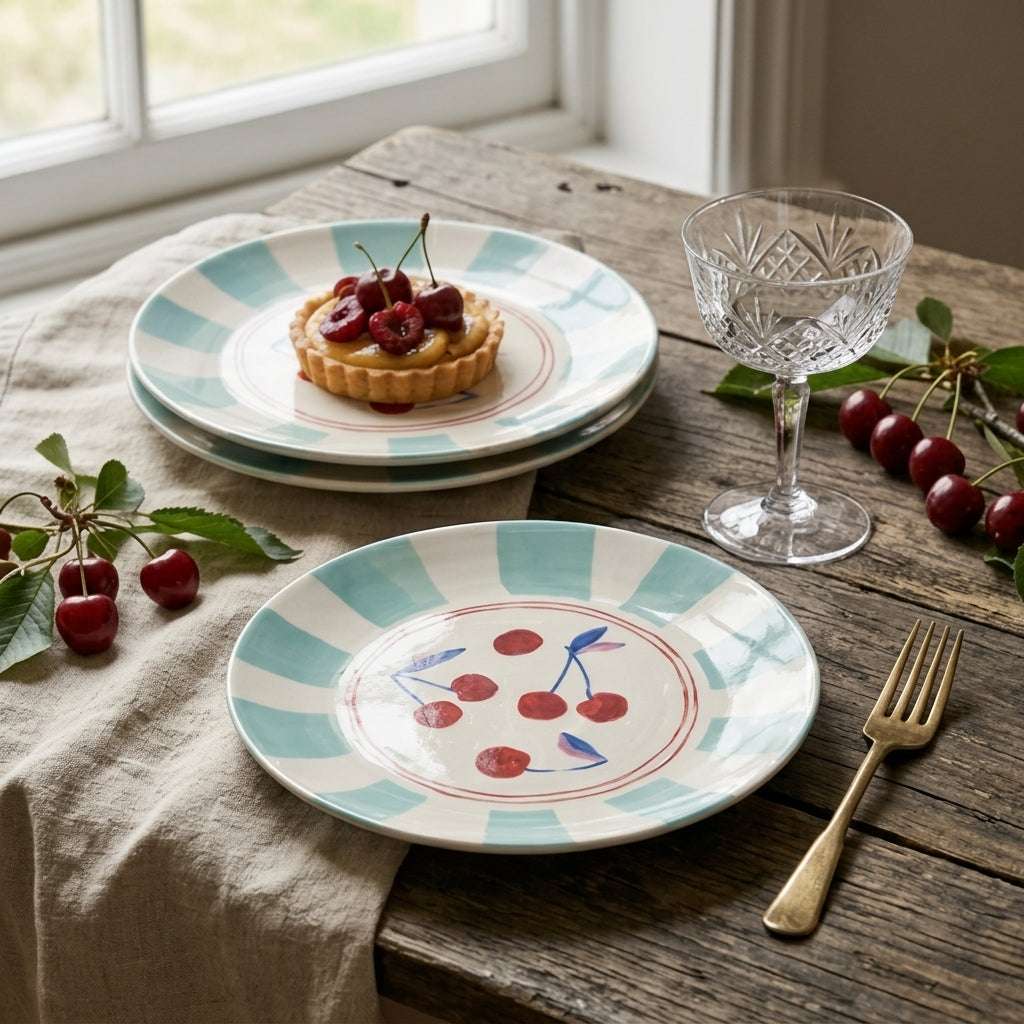 Sweet Cherry and Mint Striped Plates - Set of 4