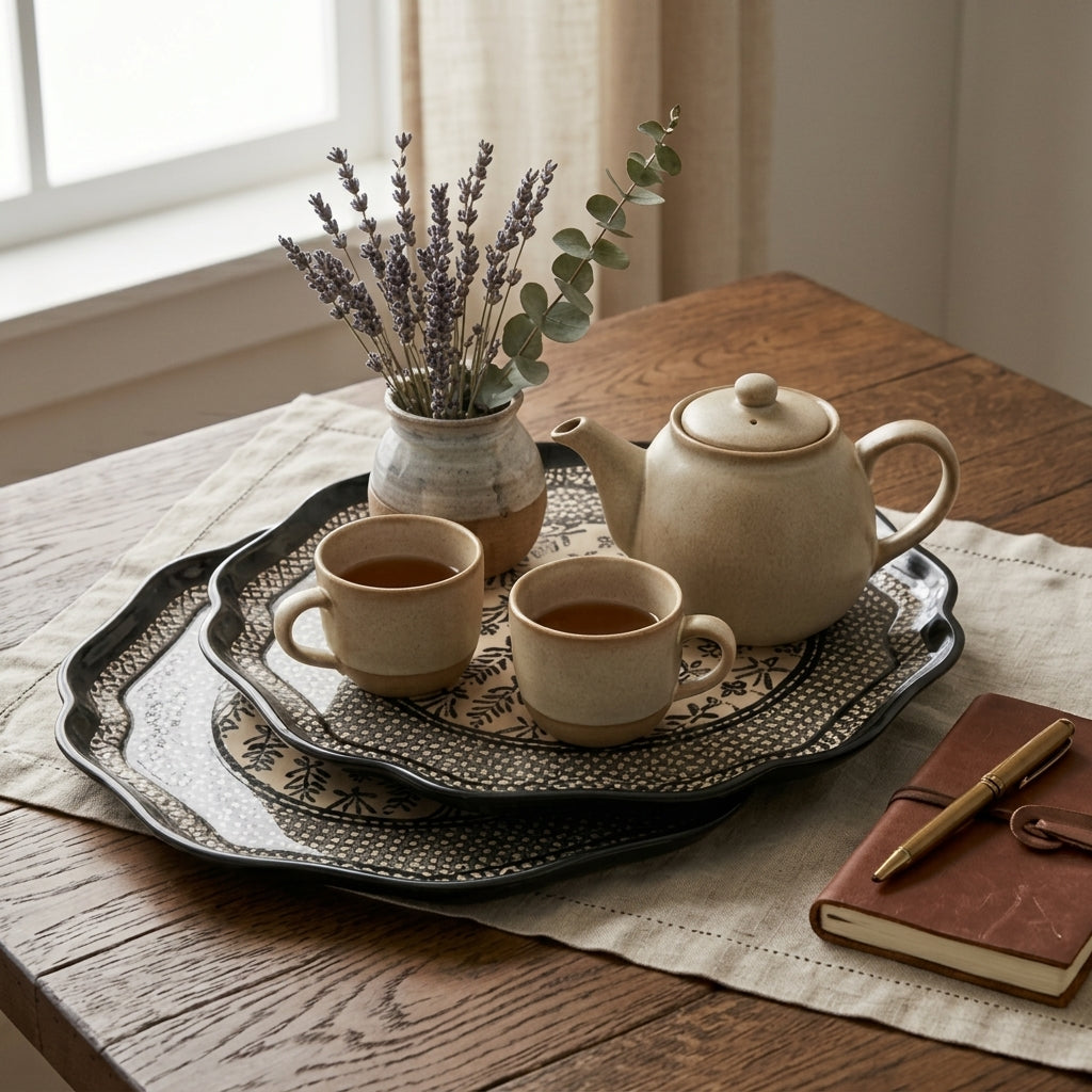 Onyx & Cream Intricate Botanical Scalloped Plates - Set of 4