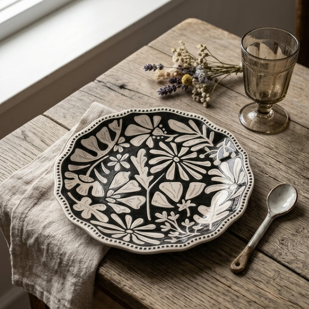 Monochrome Folk Art Floral Scalloped Plate- Set of 4