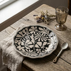 Monochrome Folk Art Floral Scalloped Plate- Set of 4