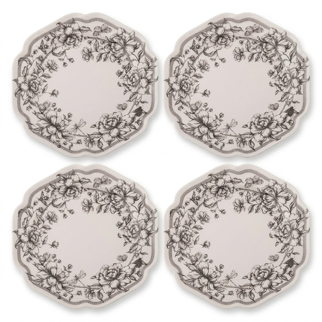 Vintage Charcoal Floral Wreath Scalloped Plates - Set of 4