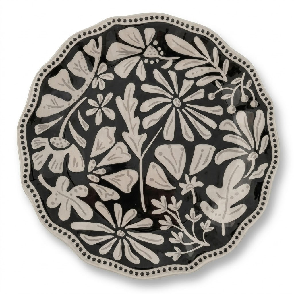 Monochrome Folk Art Floral Scalloped Plate- Set of 4