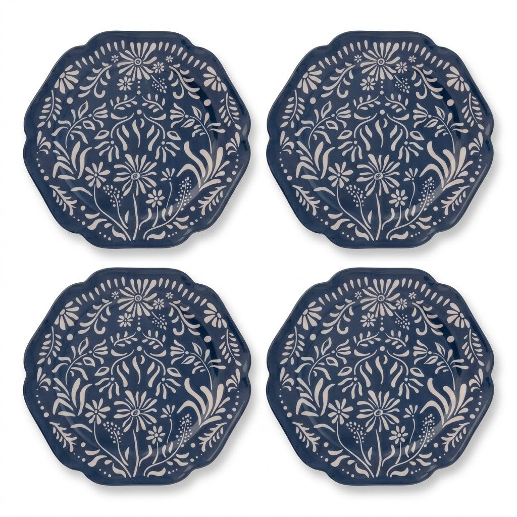 Navy Folk Art Botanical Scalloped Plates - Set of 4