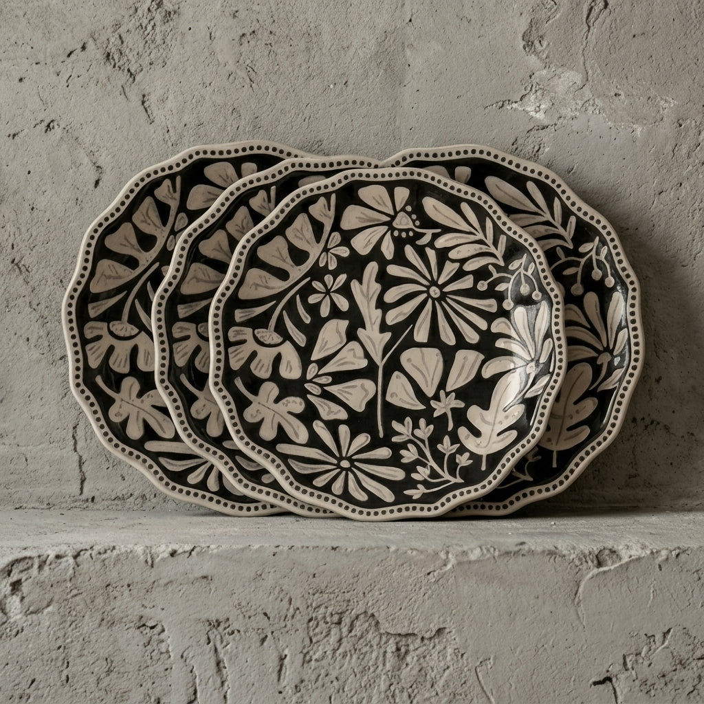 Monochrome Folk Art Floral Scalloped Plate- Set of 4