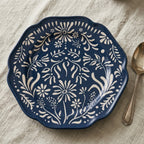 Navy Folk Art Botanical Scalloped Plates - Set of 4