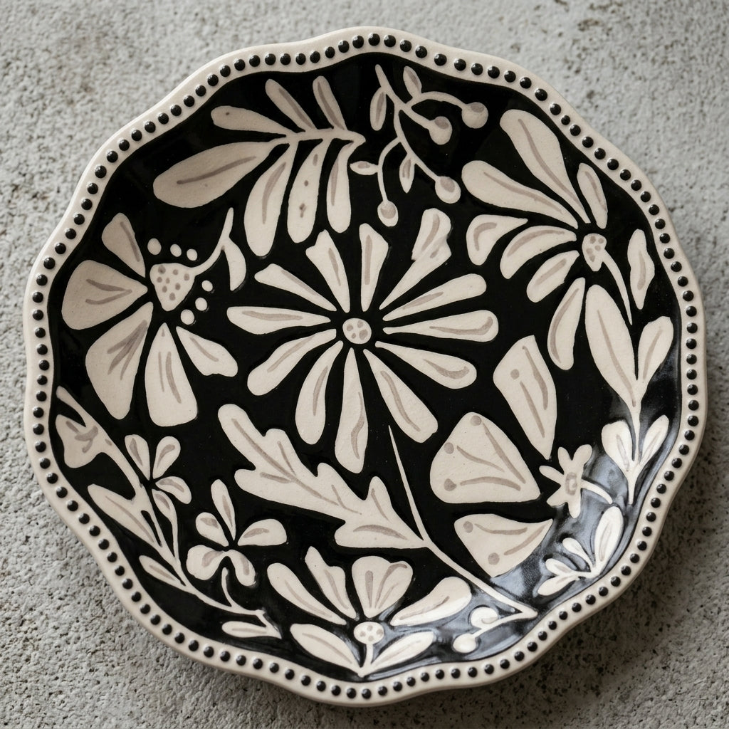 Monochrome Folk Art Floral Scalloped Plate- Set of 4