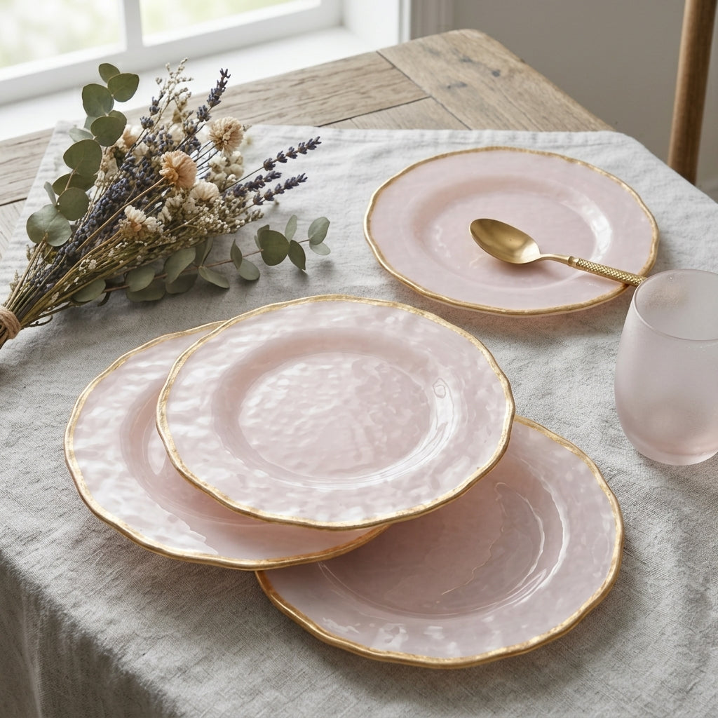 Pearl Blush Hammered Plates with Gold Rim - Set of 4