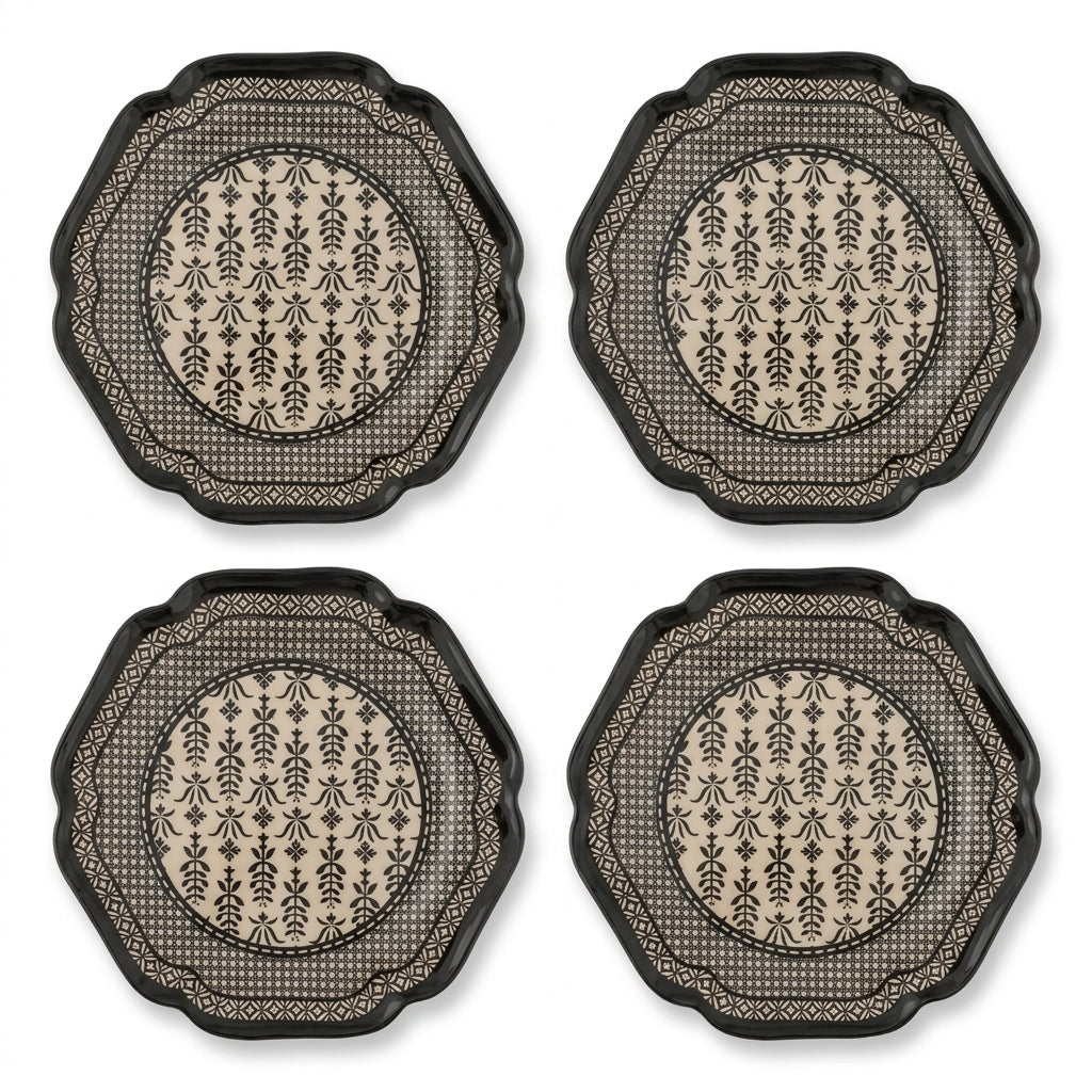 Onyx & Cream Intricate Botanical Scalloped Plates - Set of 4