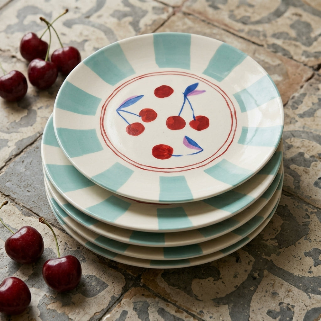 Sweet Cherry and Mint Striped Plates - Set of 4