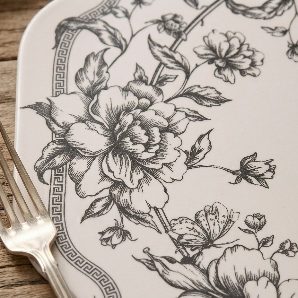 Vintage Charcoal Floral Wreath Scalloped Plates - Set of 4