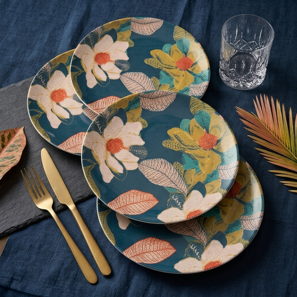 Midnight Teal Botanical Floral Plates - Set of 4