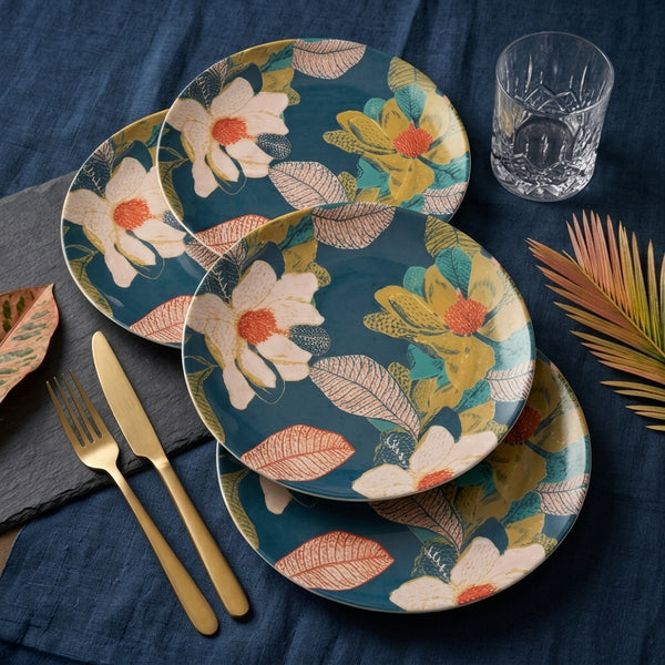 Midnight Teal Botanical Floral Plates - Set of 4