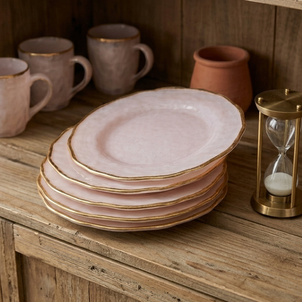 Pearl Blush Hammered Plates with Gold Rim - Set of 4