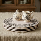 Vintage Charcoal Floral Wreath Scalloped Plates - Set of 4
