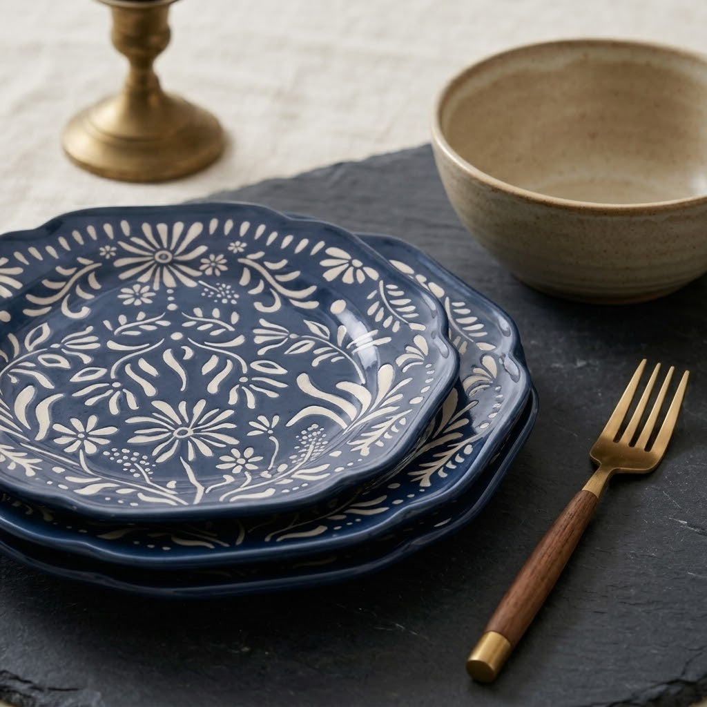 Navy Folk Art Botanical Scalloped Plates - Set of 4
