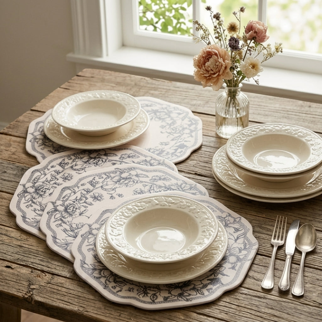 Vintage Charcoal Floral Wreath Scalloped Plates - Set of 4