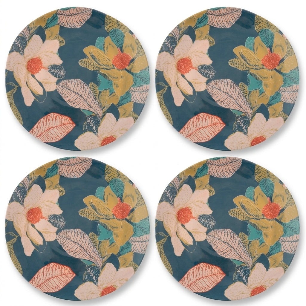 Midnight Teal Botanical Floral Plates - Set of 4