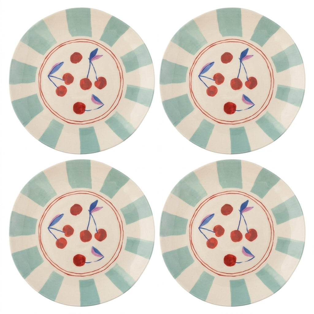 Sweet Cherry and Mint Striped Plates - Set of 4